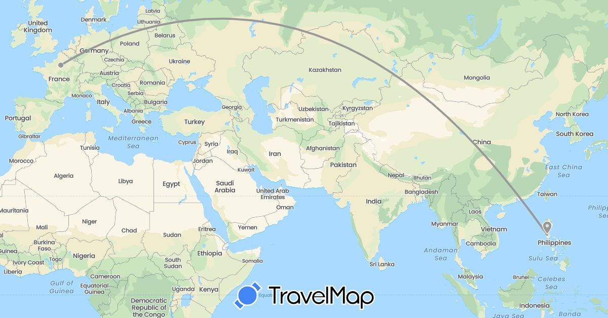TravelMap itinerary: driving, plane in France, Philippines (Asia, Europe)